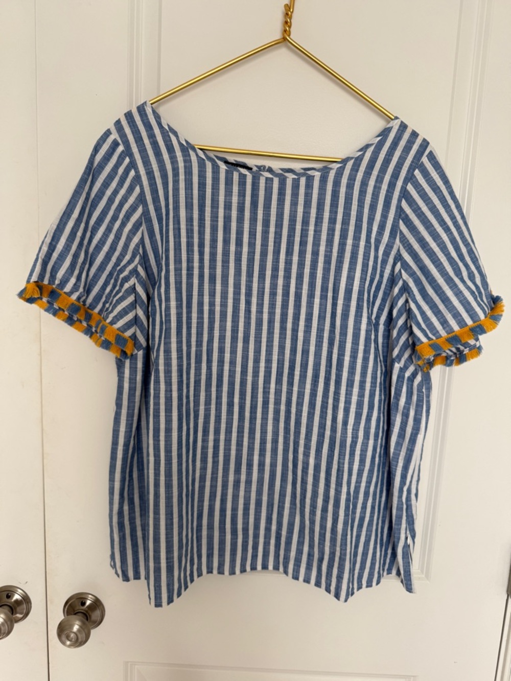 Talbots gauzy blue white striped cotton blouse with tassel sleeves boho 2XL P